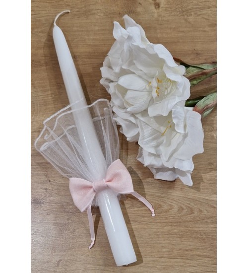 Krikšto žvakė su lininiu kaspinėliu 38 cm. Spalva balta / šviesiai rožinė (19)